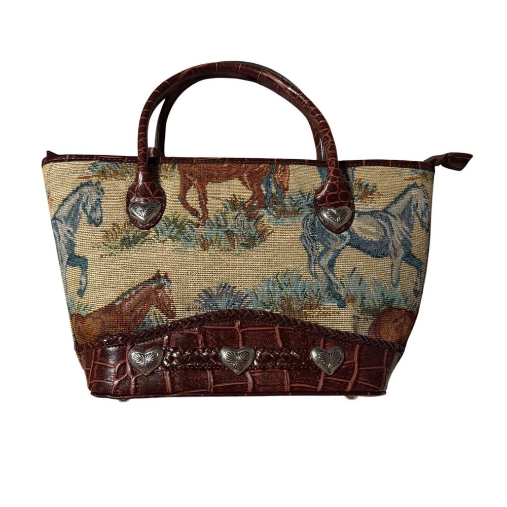 NWT! Cleto Horse Tapestry Tote Bag Croc Trim Heart Conchos Western Crossbody